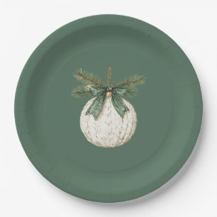 Rustic Brown Cream Green Ornament Christmas Paper Plate