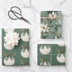 Rustic Brown Cream Green Ornament Christmas   Wrapping Paper Sheet
