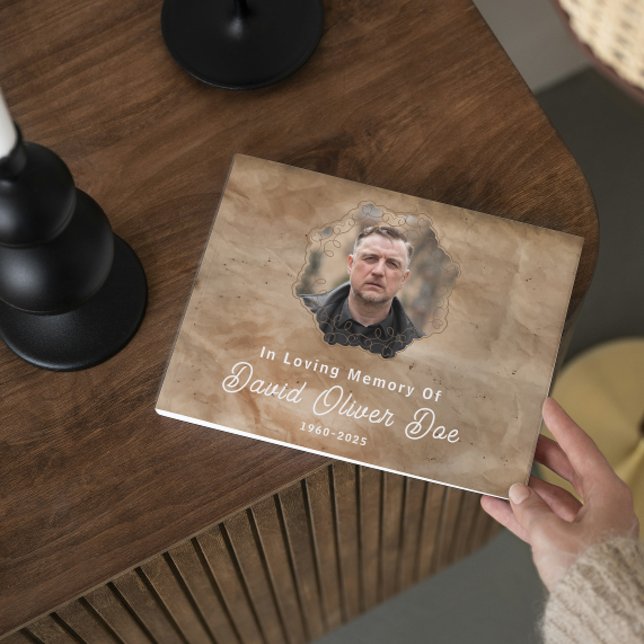 Rustic Brown Custom Text Photo Memorial Funeral Guest Book (rustic guest books in loving memory funeral memorial remembrance keepsake celebration of life photo)