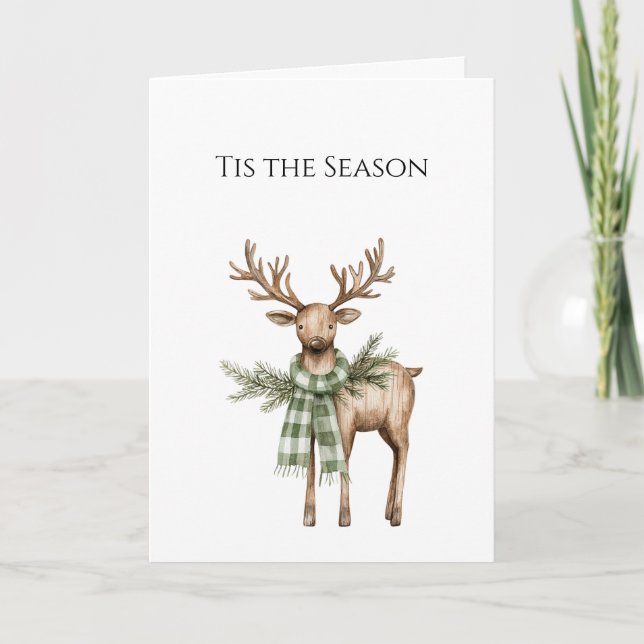 Rustic Brown Deer Cream Green Christmas Scarf Card (Front)