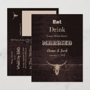 Rustic Brown Eat Drink Married Bull Skull Announcement Postcard