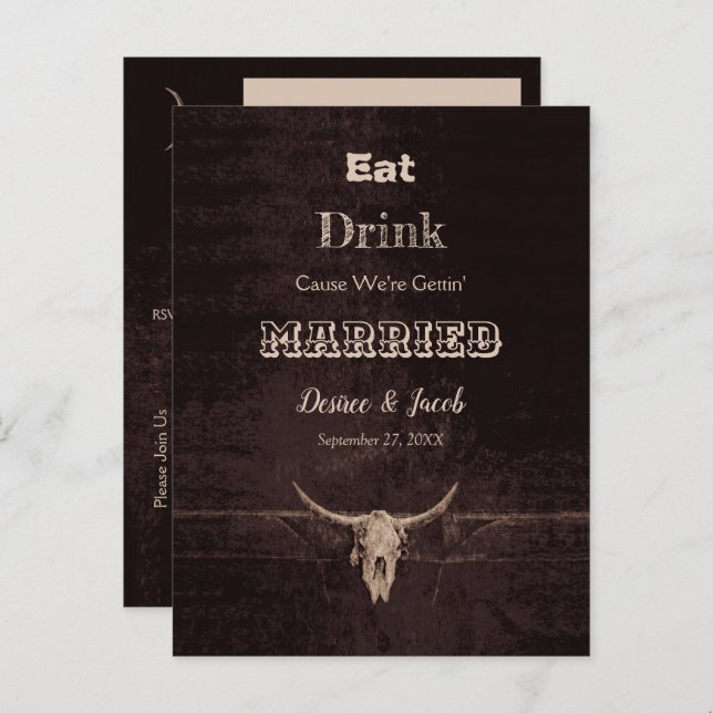 Rustic Brown Eat Drink Married Bull Skull Announcement Postcard (Front/Back)