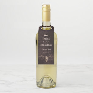 Rustic Brown Eat Drink Married Western Bull Skull Bottle Tag