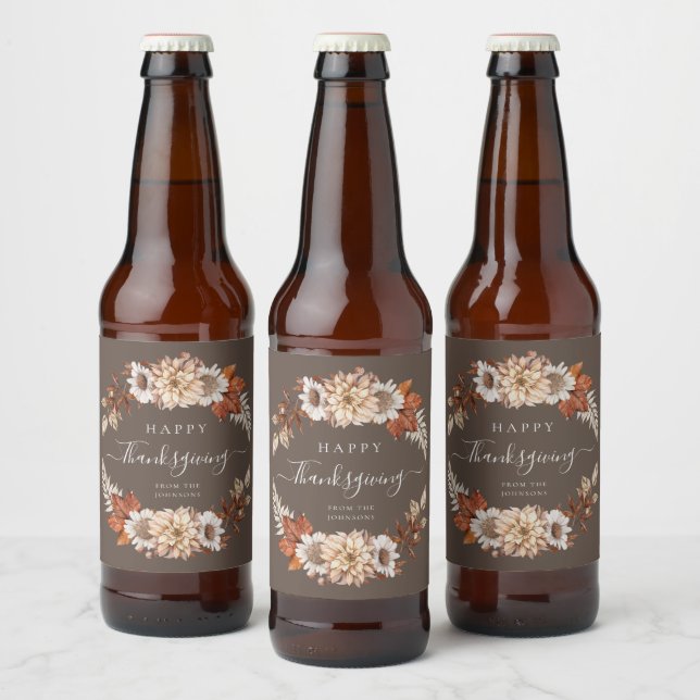 Rustic Brown Fall Floral Happy Thanksgiving Beer Bottle Label (Bottles)