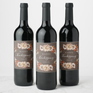 Rustic Brown Fall Floral Happy Thanksgiving Wine Label