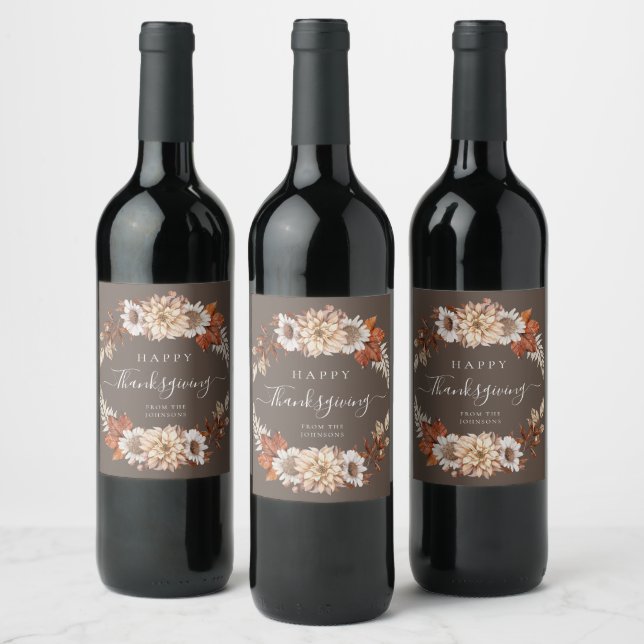 Rustic Brown Fall Floral Happy Thanksgiving Wine Label (Bottles)