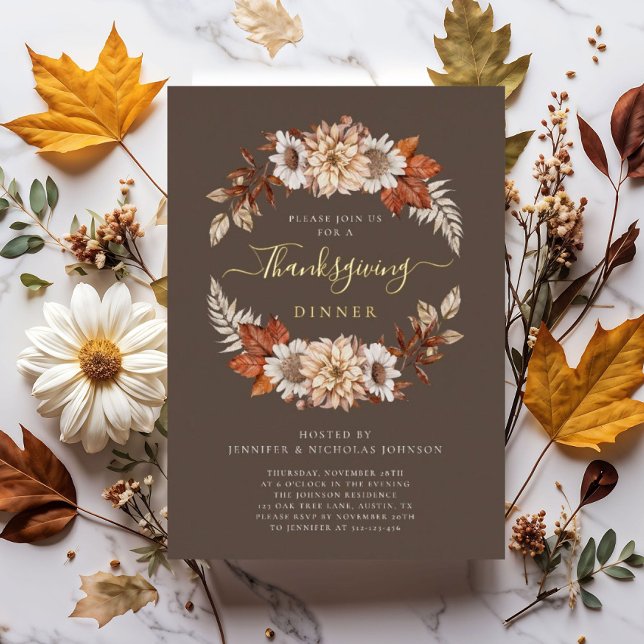 Rustic Brown Fall Floral Thanksgiving Dinner Gold (Rustic Brown Fall Floral Thanksgiving Dinner Gold Foil Invitation)