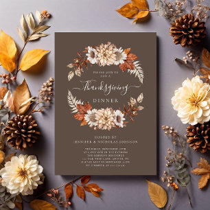 Rustic Brown Fall Floral Thanksgiving Dinner Invitation