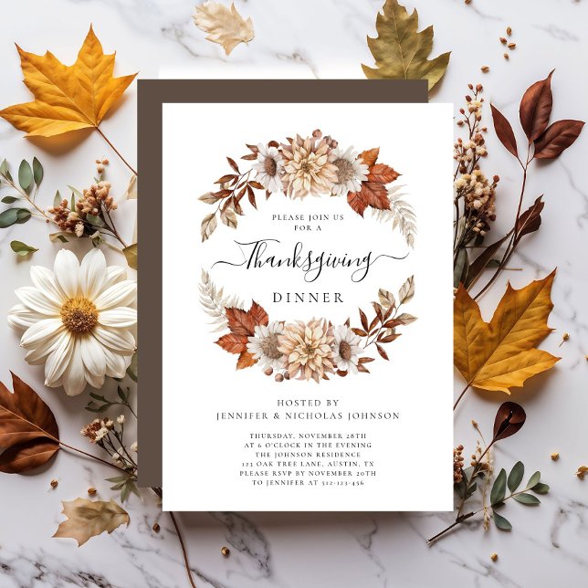 Rustic Brown Fall Floral Thanksgiving Dinner Invitation (Rustic Brown Fall Floral Thanksgiving Dinner Invitation)