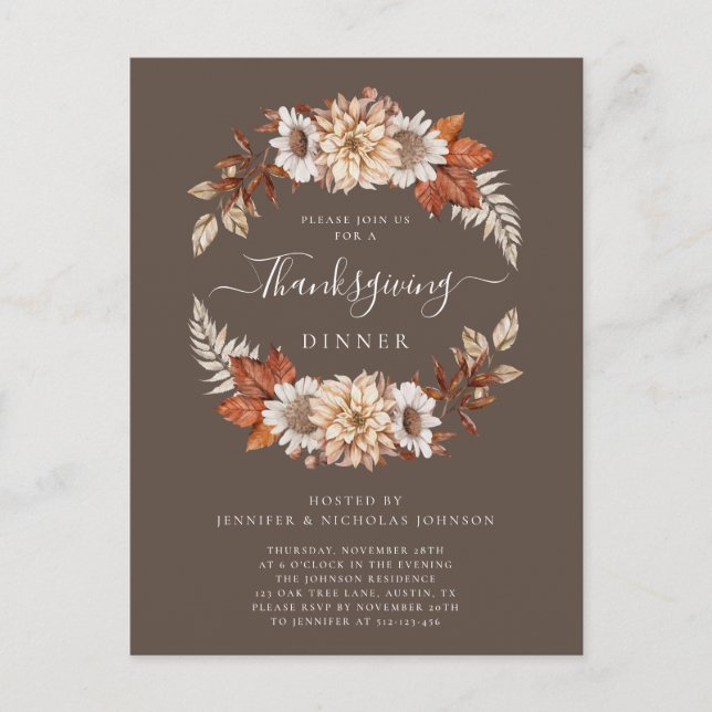 Rustic Brown Fall Floral Thanksgiving Dinner Invitation Postcard (Front)