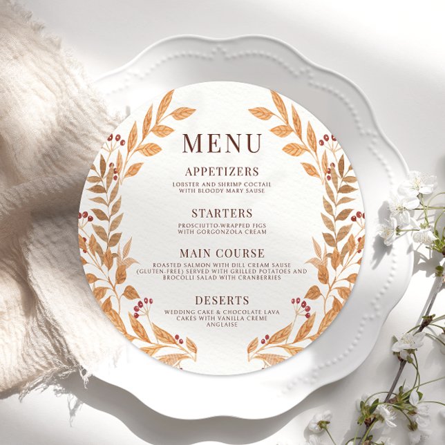 Rustic Brown Fall Leaves Wedding Round Flat Menu (Creator Uploaded)