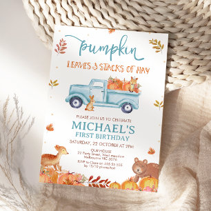 Rustic Brown Fall Pumpkin Truck 1st Birthday Invitation