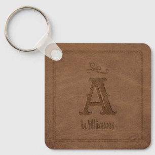 Rustic Brown Faux Leather Custom Monogram Name Key Key Ring