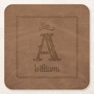 Rustic Brown Faux Leather Custom Monogram Name Square Paper Coaster