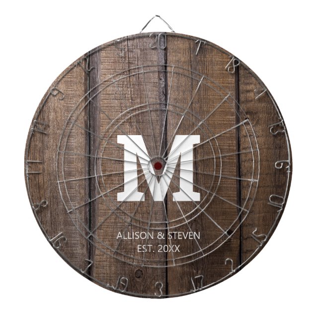 Rustic Brown Faux Wood Family Monogram Customised Dartboard (Front)