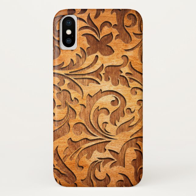 Rustic Brown Faux Wood Floral Swirls Carved Case-Mate iPhone Case (Back)