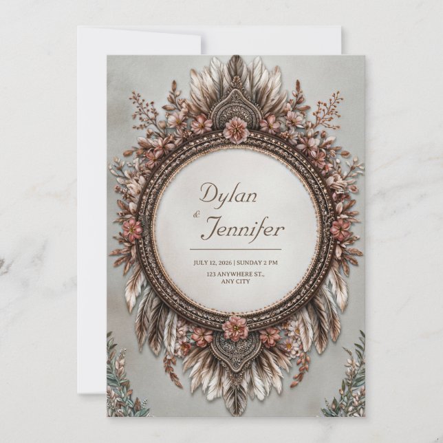 Rustic Brown Feather Dusty Rose Floral Wedding Invitation (Front)