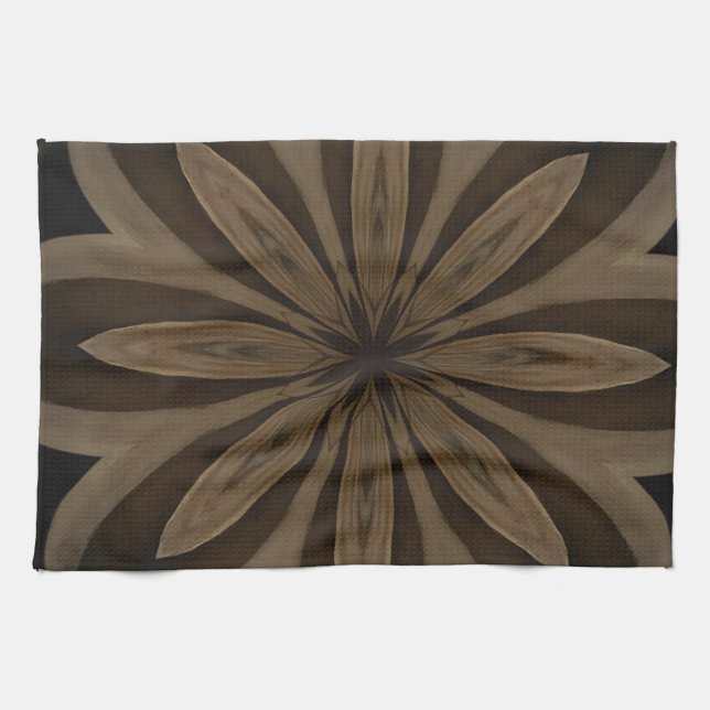 Rustic Brown Floral Kaleidoscope Design Tea Towel (Horizontal)