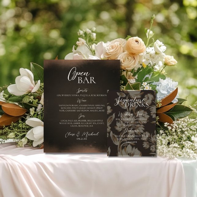 Rustic Brown Floral Signature Drink Wedding  Pedestal Sign (Give your open bar and added touch of elegance with this Rustic Brown Bar Sign!)