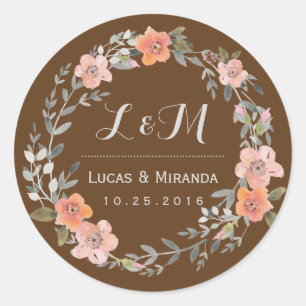 Rustic Brown Flower Wreath Wedding Favour Sticker