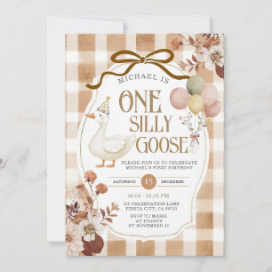 Rustic Brown Gingham One Silly Goose Birthday  Invitation