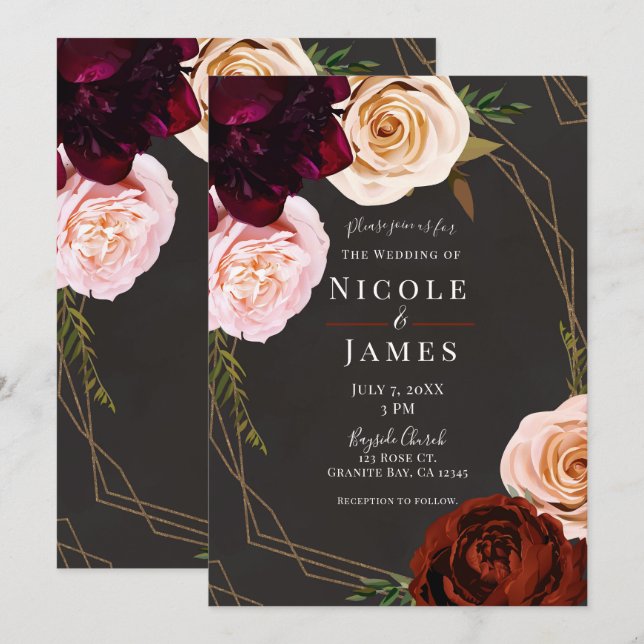 Rustic Brown & Gold Modern Dark Floral Wedding Invitation (Front/Back)