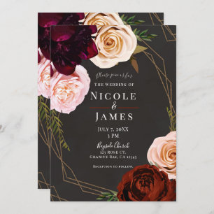 Rustic Brown & Gold Modern Dark Floral Wedding Invitation