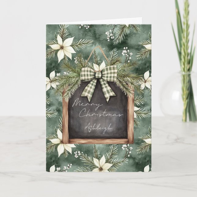 Rustic Brown Green Christmas Chalkboard Floral Bow Card (Front)