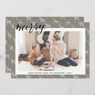 Rustic Brown Grey Burlap Elegant Script MERRY  Holiday Card