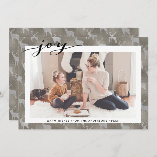 Rustic Brown Grey Burlap Elegant Script Minimalist Holiday Card (Front/Back)