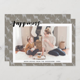 Rustic Brown Grey Burlap Simple Script HAPPINESS  Holiday Card