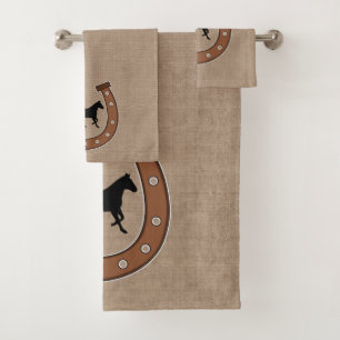 Rustic Brown Horseshoes and Black Horses Bath Towel Set
