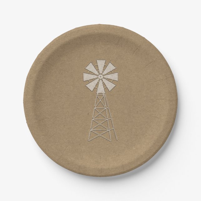 Rustic Brown Kraft Farm Windmill Modern Wedding Paper Plate (Front)