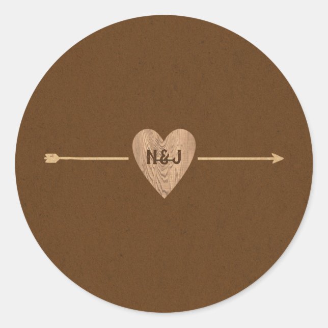 Rustic Brown Kraft Heart Arrow Woodsy Classic Round Sticker (Front)