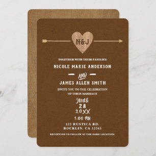 Rustic Brown Kraft Heart Arrow Woodsy Wedding Invitation