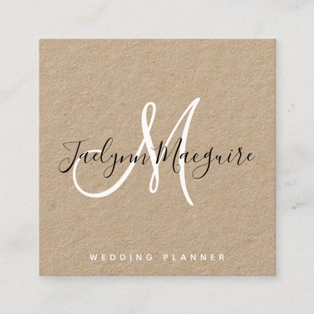 Rustic brown kraft paper elegant script monogram square business card (Front)