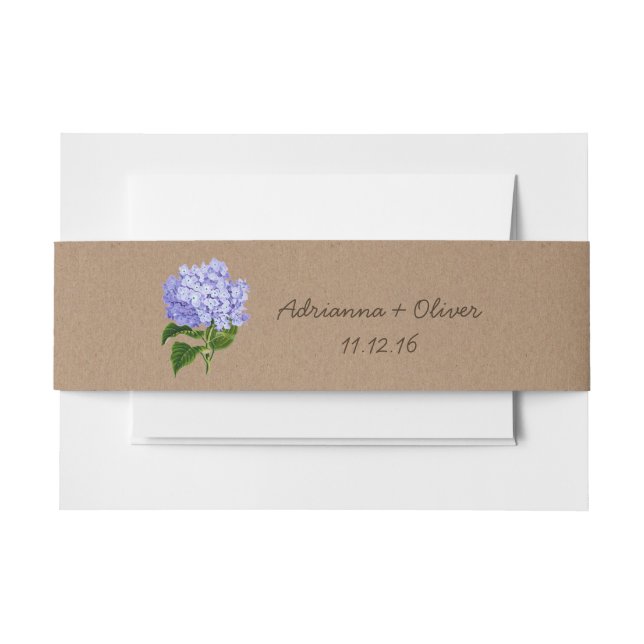 Rustic Brown Kraft Paper Pattern Blue Hydrangeas Invitation Belly Band (Front Example)