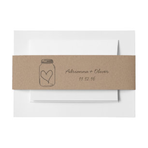 Rustic Brown Kraft Paper Pattern Mason Jar Heart Invitation Belly Band