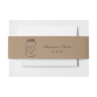 Rustic Brown Kraft Paper Pattern Mason Jar Heart Invitation Belly Band