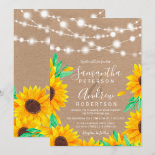 Rustic brown kraft string lights sunflower wedding invitation