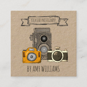 Rustic Brown Kraft Vintage Cameras Square Business Card