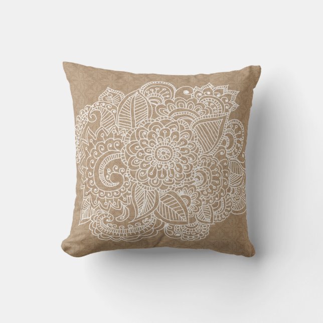 Rustic Brown Lace Pattern Beautiful Paisley Doodle Cushion (Front)