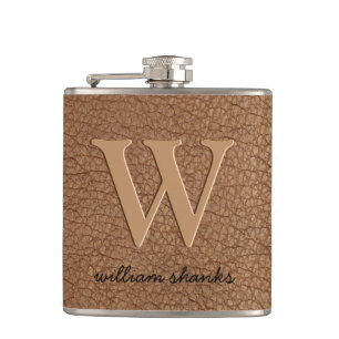 Rustic brown leather black gold chic monogram name hip flask