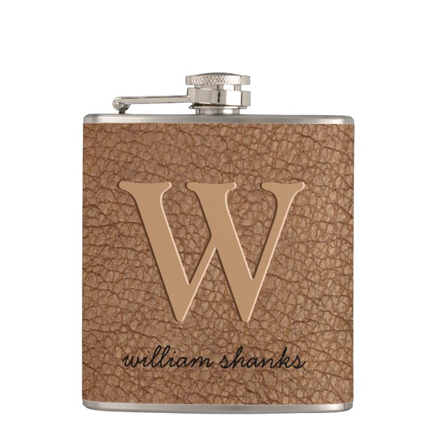 Rustic brown leather black gold chic monogram name hip flask (Front)