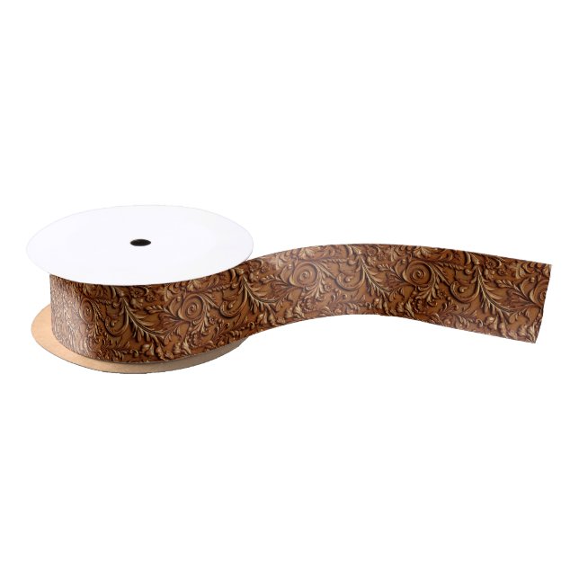 Rustic brown leather tooled  satin ribbon (Spool)