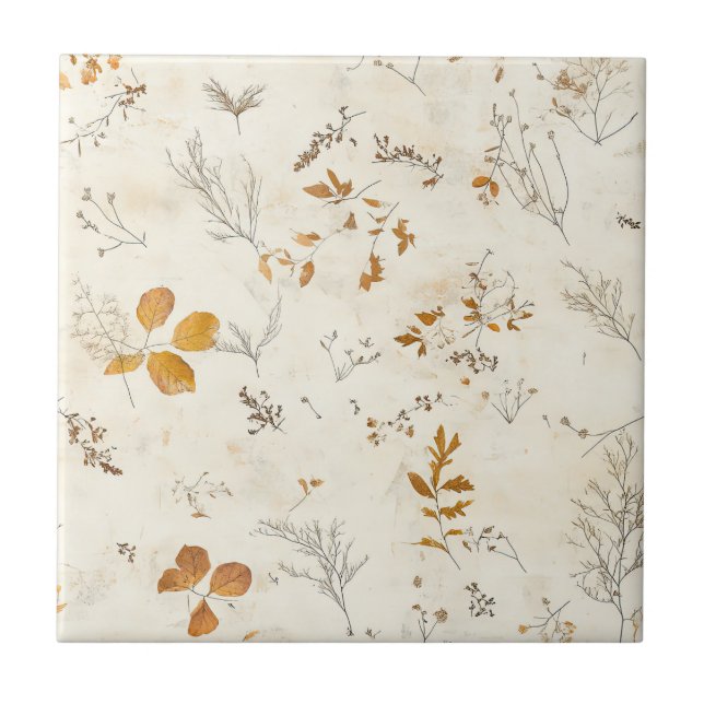 Rustic Brown Leaves Fall Foliage on Cream Ceramic Tile (Front)