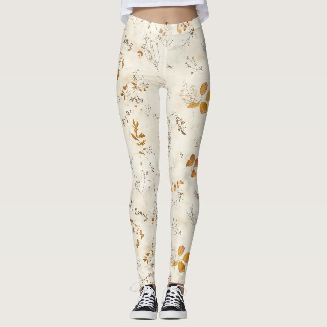 Rustic Brown Leaves Fall Foliage on Cream Leggings (Front)