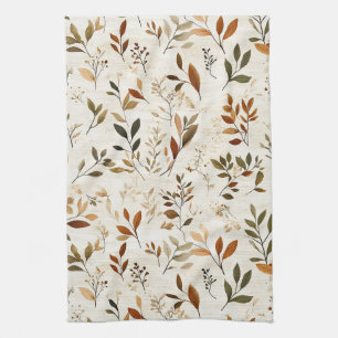 Rustic Brown Leaves on Cream Background Tea Towel