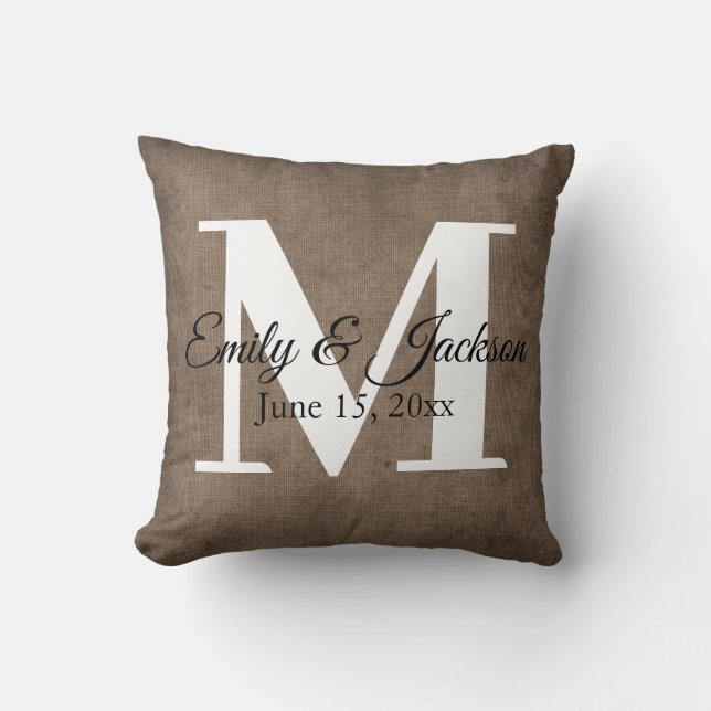 Rustic Brown Linen Monogram Family Name Wedding Cushion (Front)