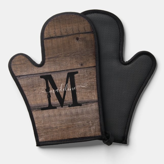 Rustic Brown Monogram Script Name Personalised  Oven Mitt (Front/Back)